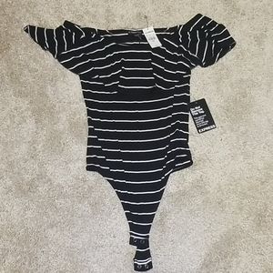 Express B&W Off the Shoulder Thong Bodysuit